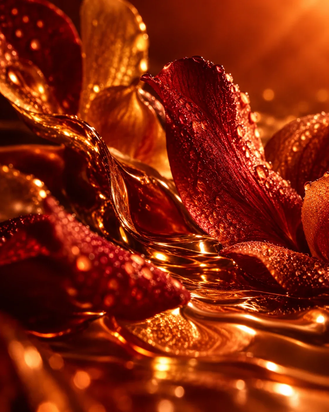 HEAT: macro red petals coated in amber liquid